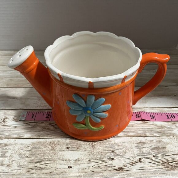 Ceramic Decorative Watering Can Pitcher Vase, Orange, Floral, Spring, Easter - Picture 8 of 10